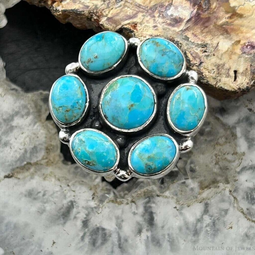 Sterling Silver Southwestern Style Mohave Turquoise Cluster Ring S 7.5 For Women